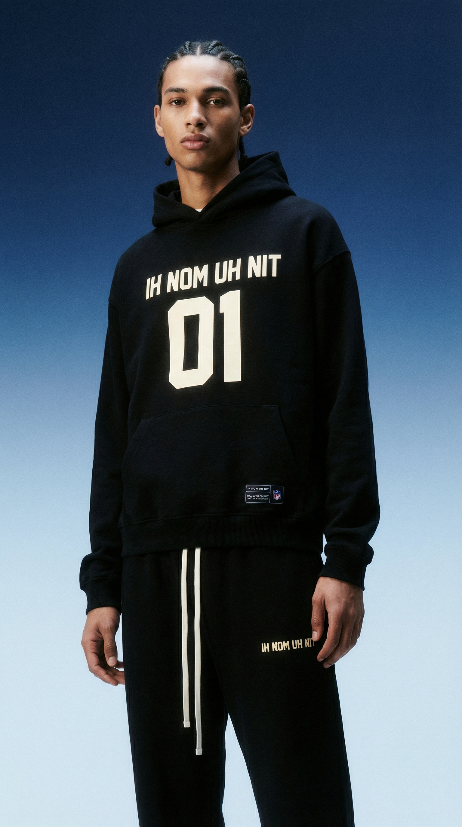 IH NOM UH NIT black wide-leg pants with oversized drawstrings and Athletics Division detail