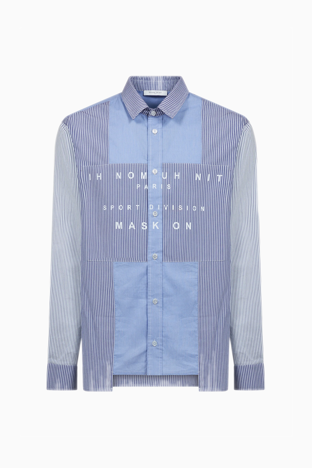 IH NOM UH NIT FW26 blue and white mixed stripe cotton shirt with layered panels and Mask On graphic, front view