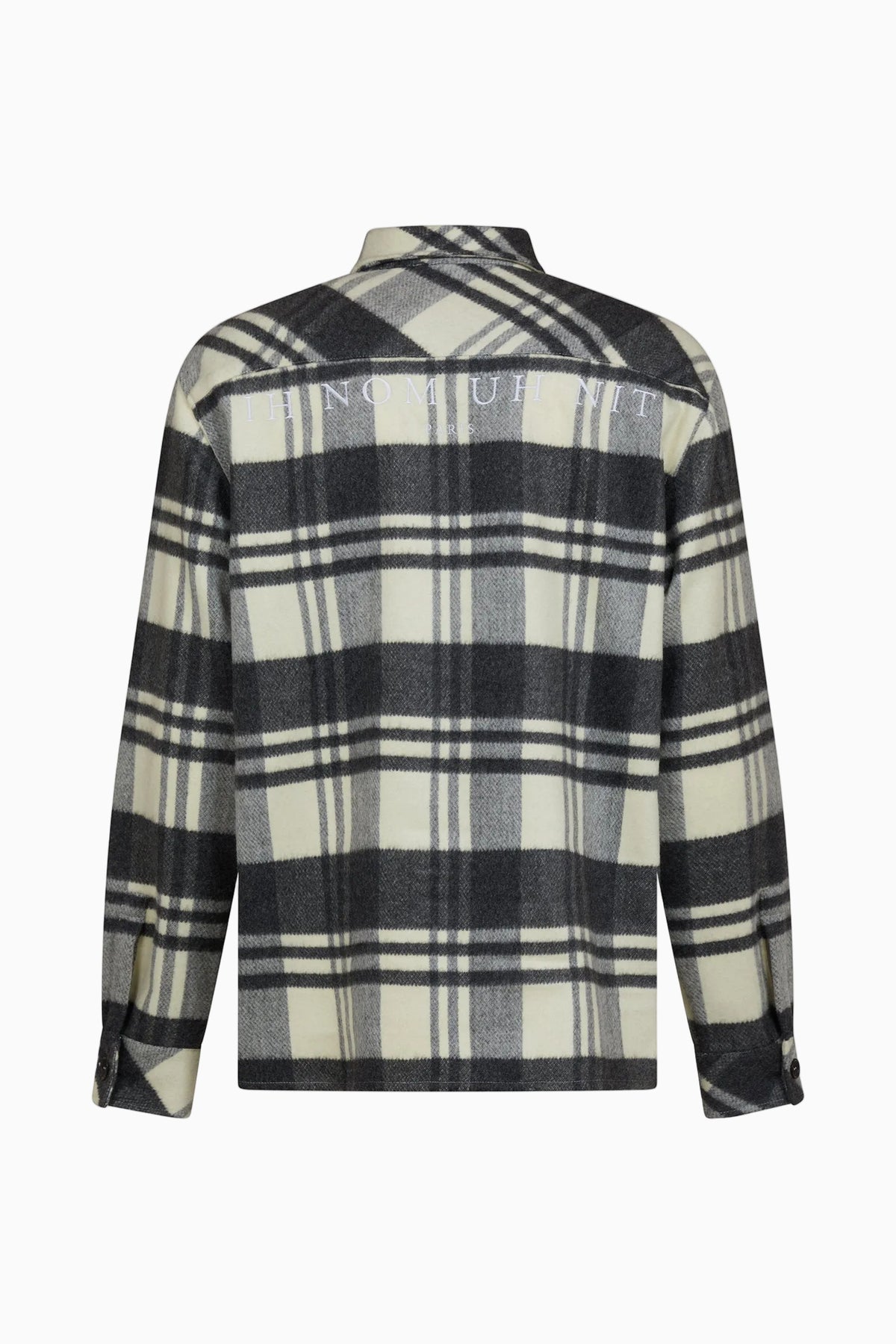 IH NOM UH NIT FW26 cream, grey and black checked overshirt with chest pockets and embroidered crest, back view