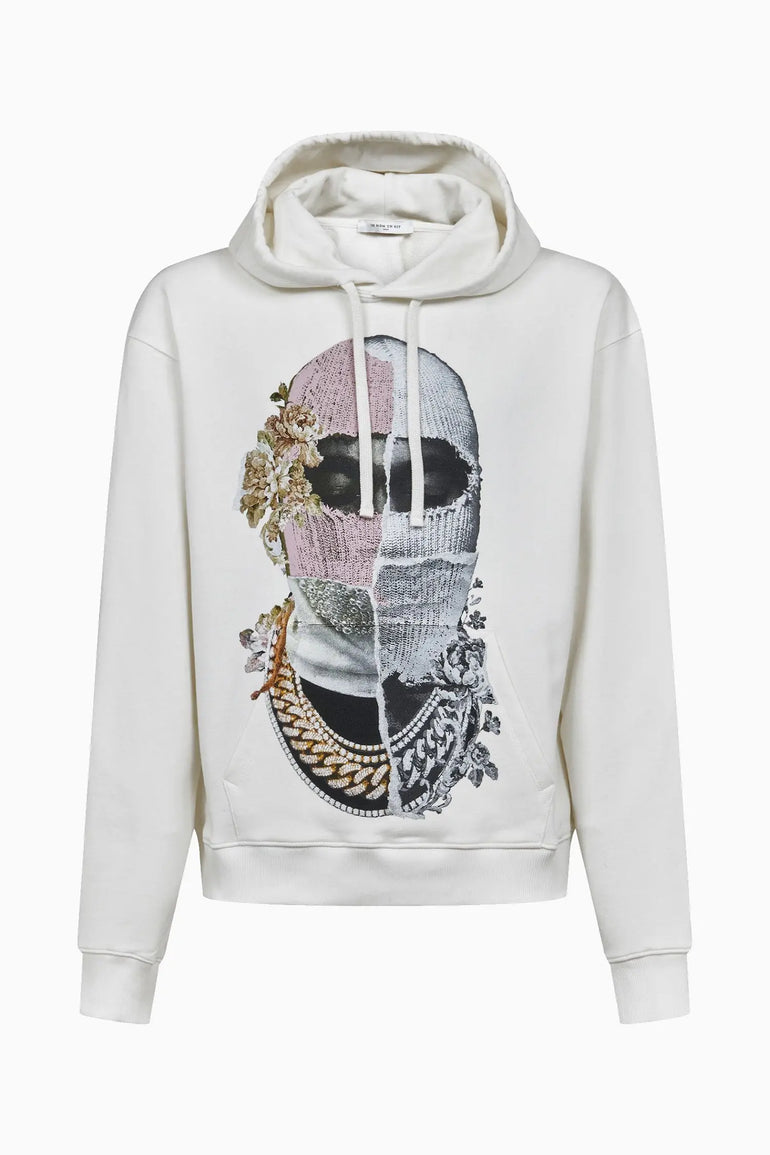 Hoodie with Newspaper style Mask Print IH NOM UH NIT