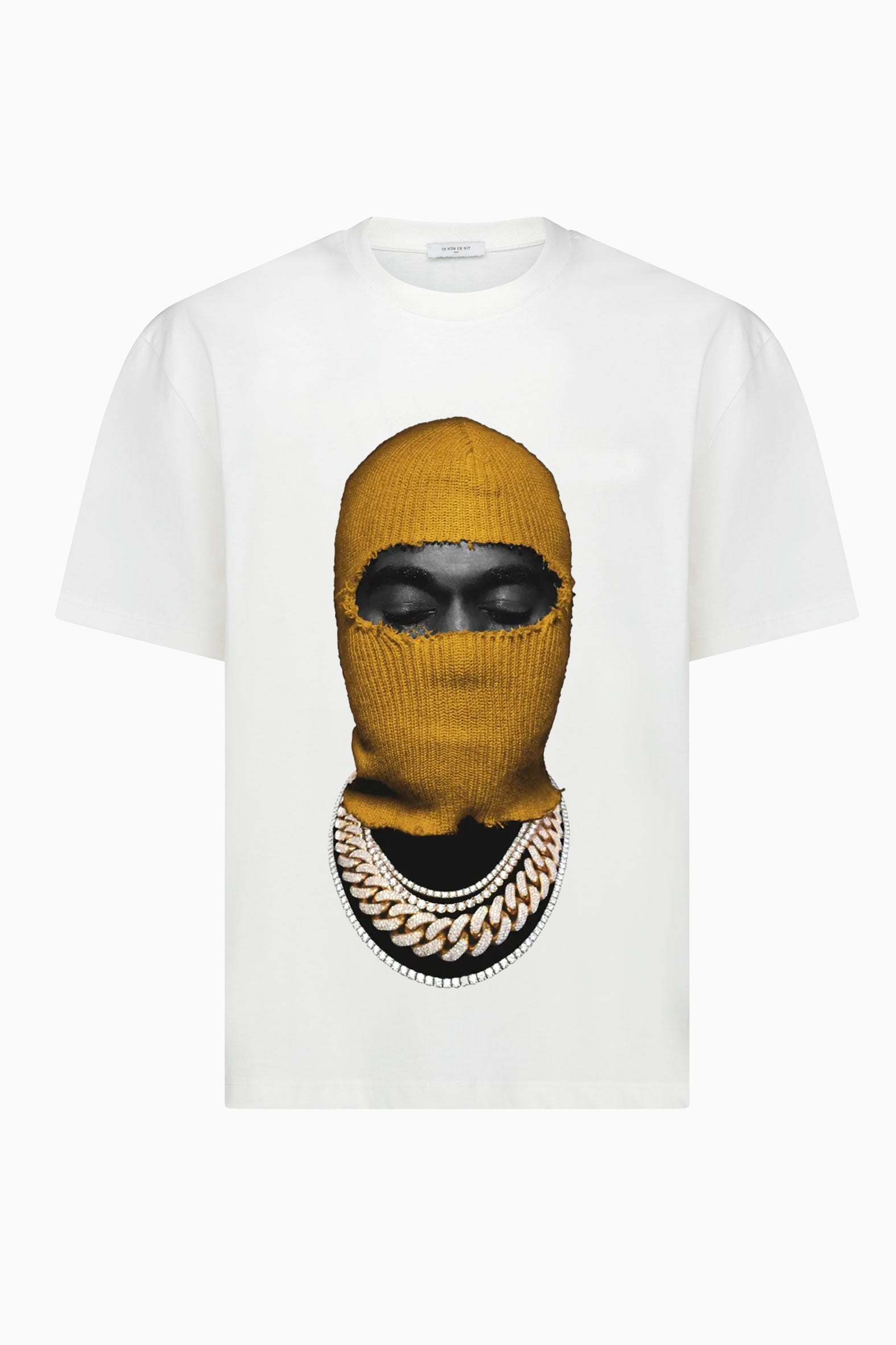 Off-white IH NOM UH NIT T-shirt with Yellow Mask20 graphic on the front.