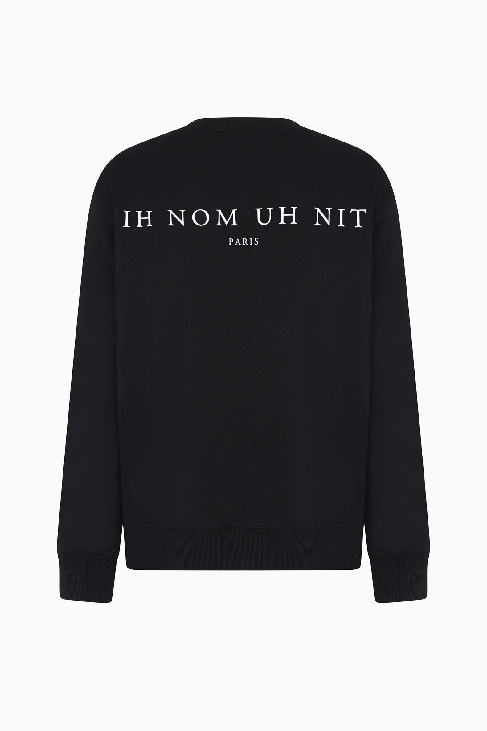 black crewneck sweatshirt with paisley mask print front and IH NOM UH NIT Paris logo back.