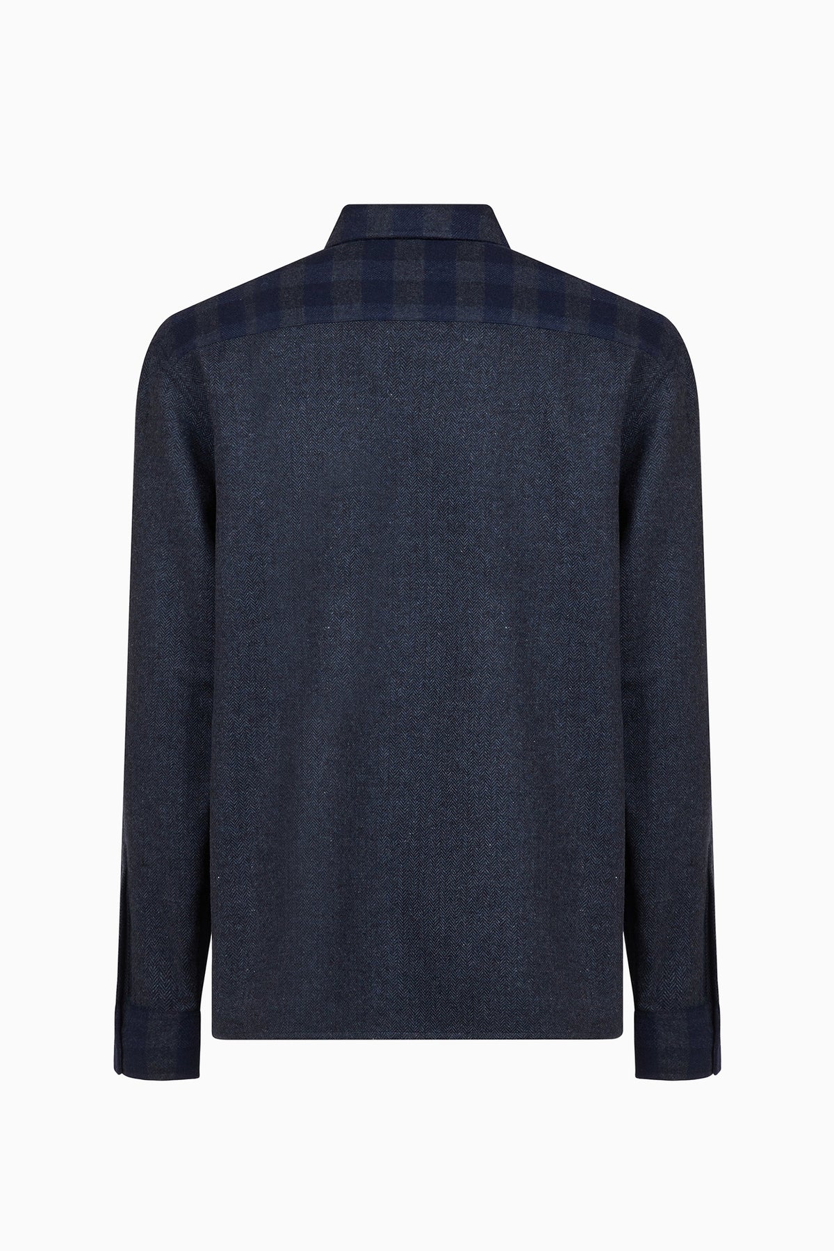 IH NOM UH NIT FW26 dark navy flannel shirt with check panels and embroidered chest patch, back view