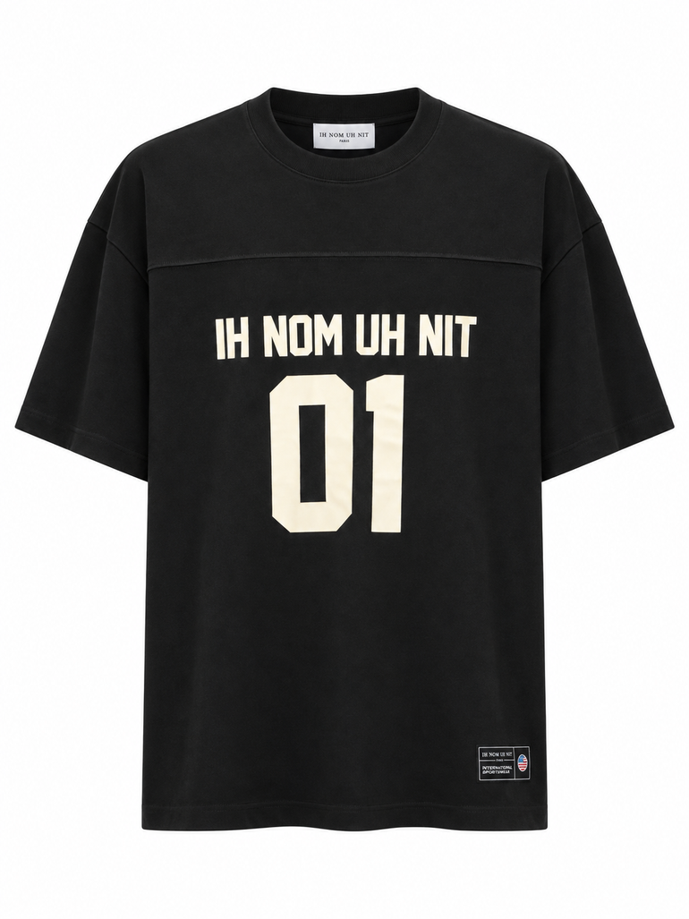 IH NOM UH NIT black oversized cotton T-shirt with cream 01 graphics on front and back