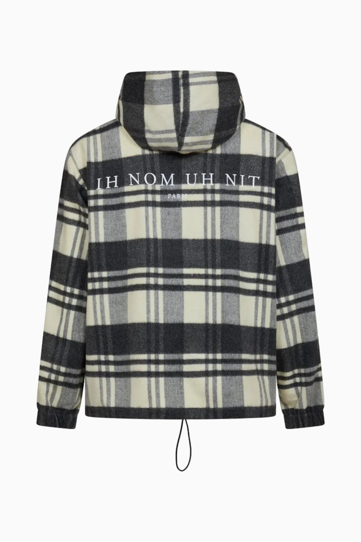 IH NOM UH NIT FW26 checked hooded anorak with white IH NOM UH NIT PARIS lettering across the upper back.
