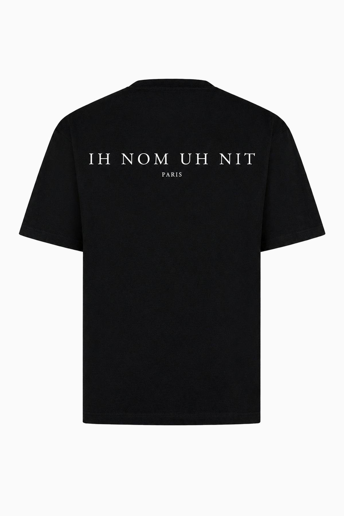 IH NOM UH NIT FW26 black cotton T-shirt with contrasting white IH NOM UH NIT PARIS logo print across the upper back.