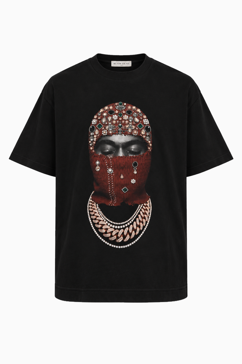 IH NOM UH NIT FW26 black cotton T-shirt with Mask Jewelry photographic print and embroidered crystal, stone and pearl-like embellishments, front view.