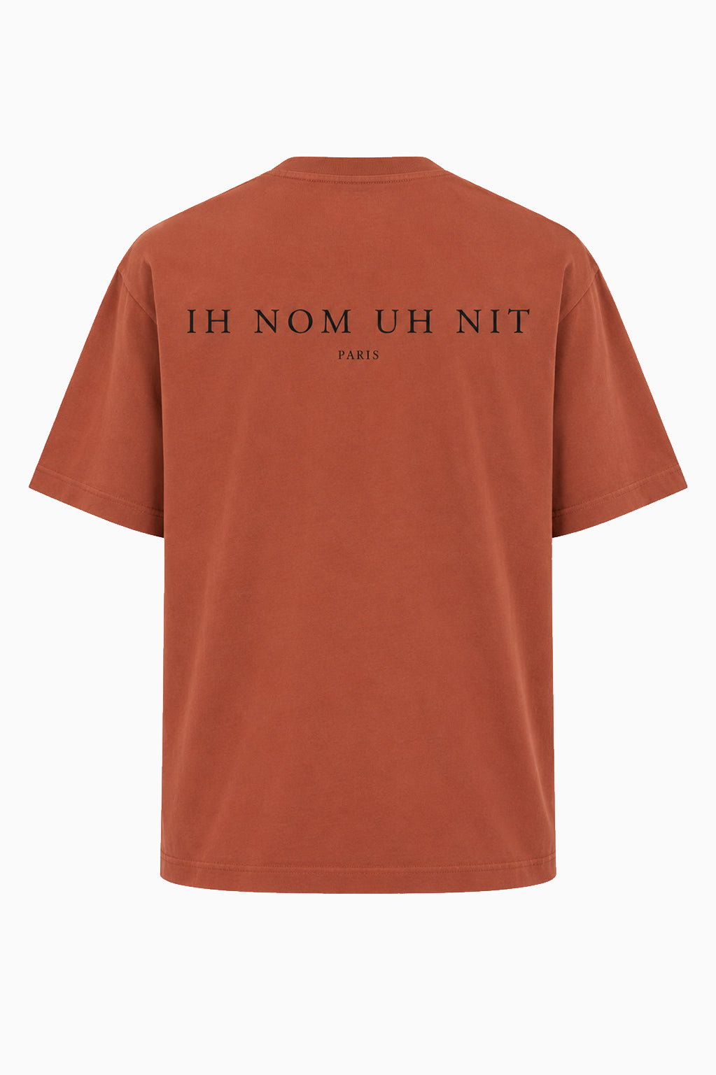 IH NOM UH NIT FW26 rust-brown cotton T-shirt with Mask Jewelry photographic print and applied crystals, decorative stones and pearl-like embellishments, front view.