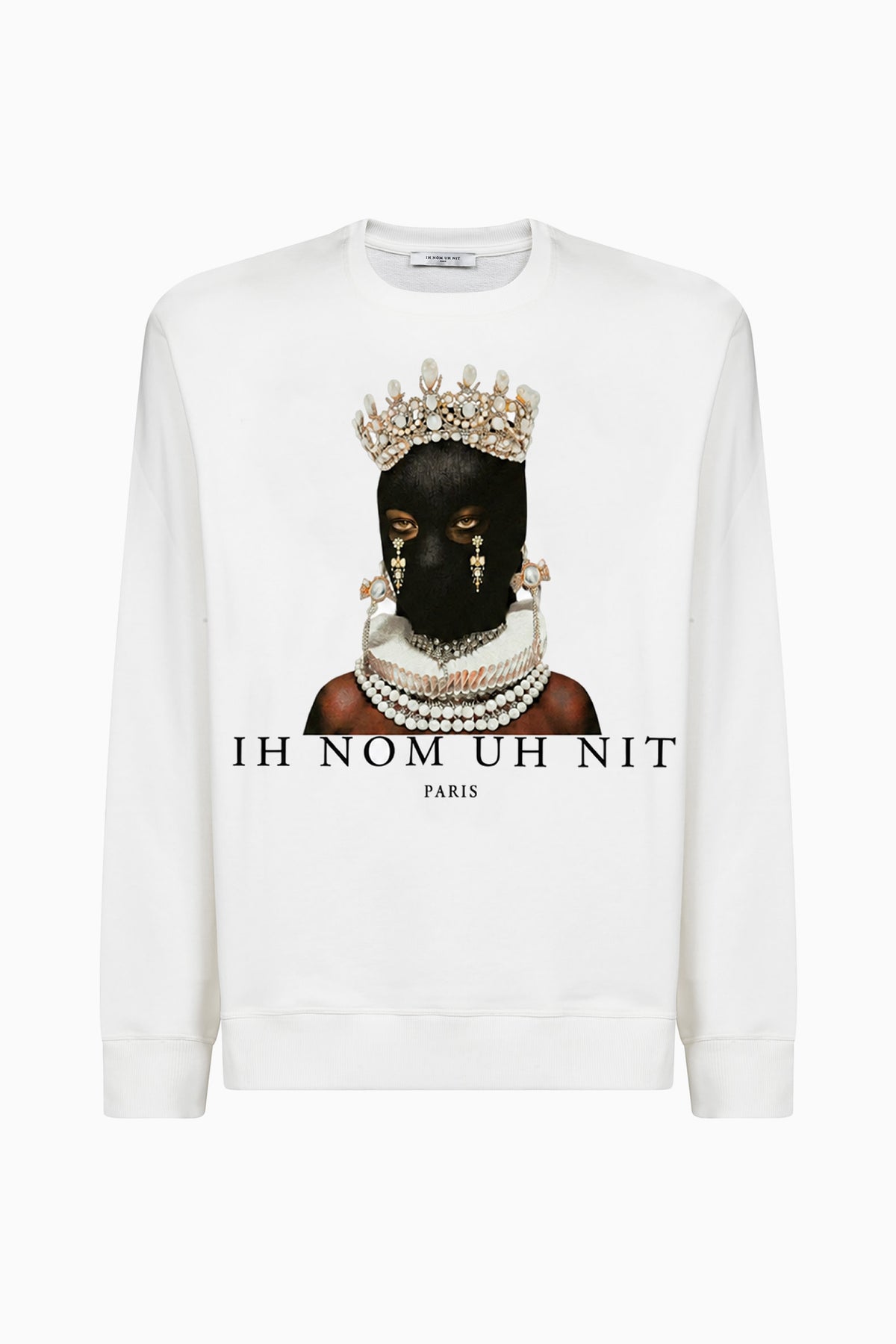 IH NOM UH NIT white cotton crewneck sweatshirt with Mask Queen photographic print, jeweled crown and jewelry imagery, front view.