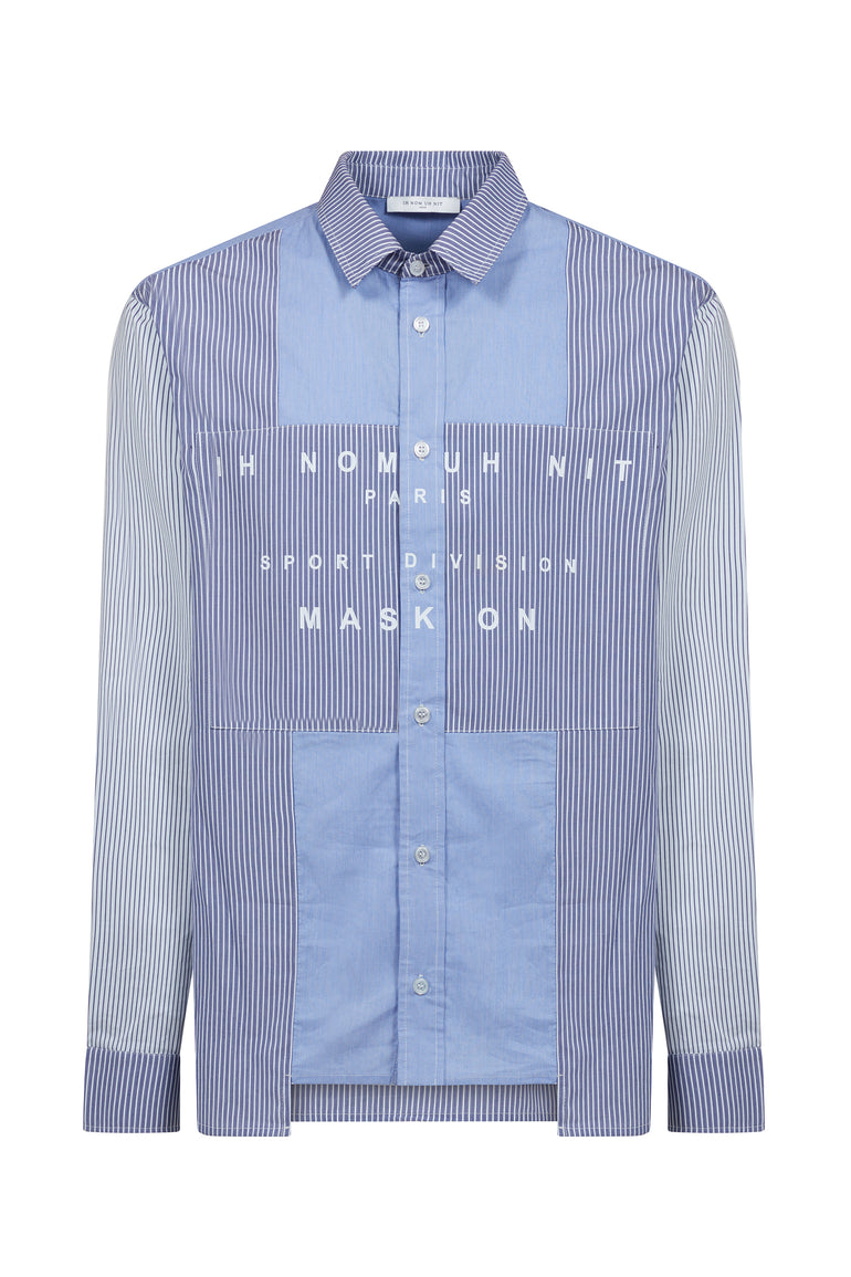 IH NOM UH NIT FW26 blue and white mixed stripe cotton shirt with layered panels and Mask On graphic, front view
