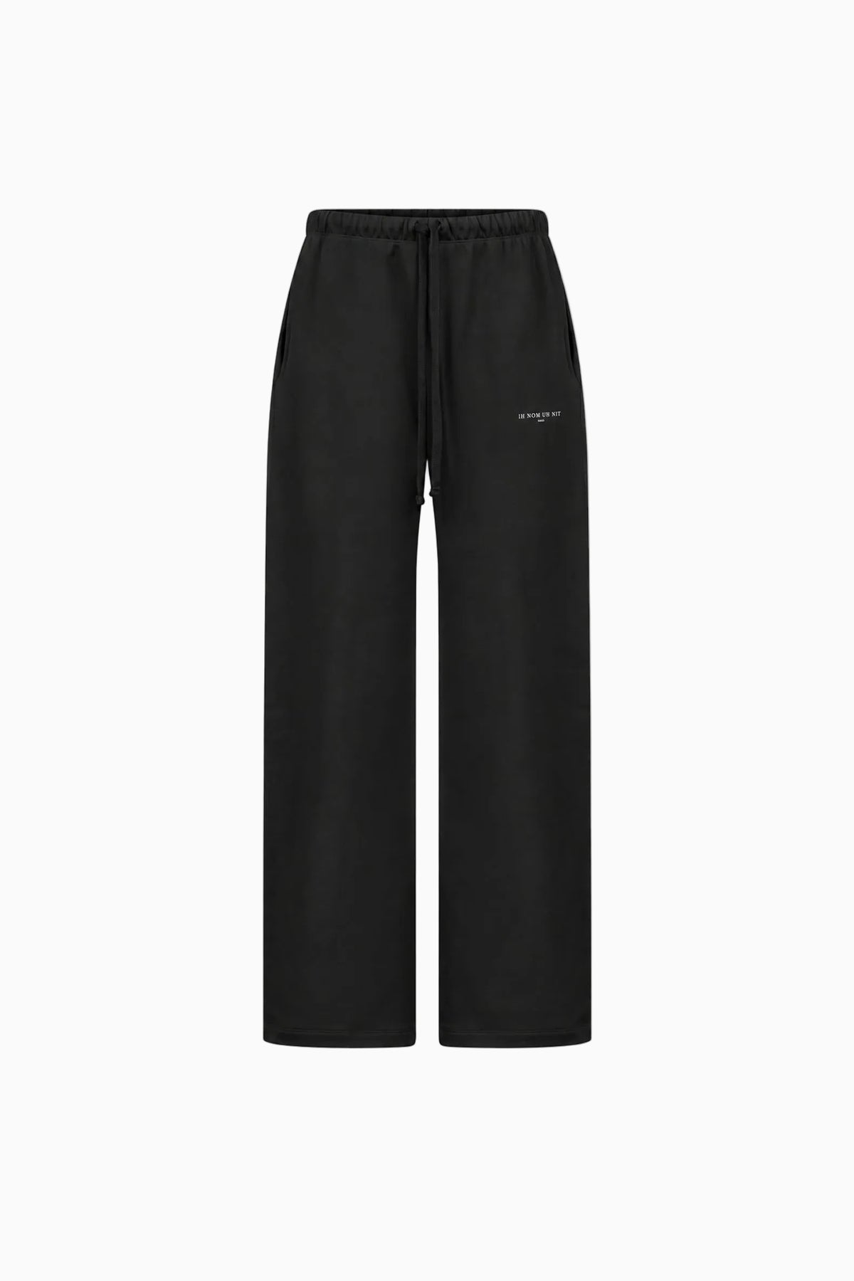 IH NOM UH NIT FW26 black wide-leg cotton sweatpants with drawstring waist and logo print, front view