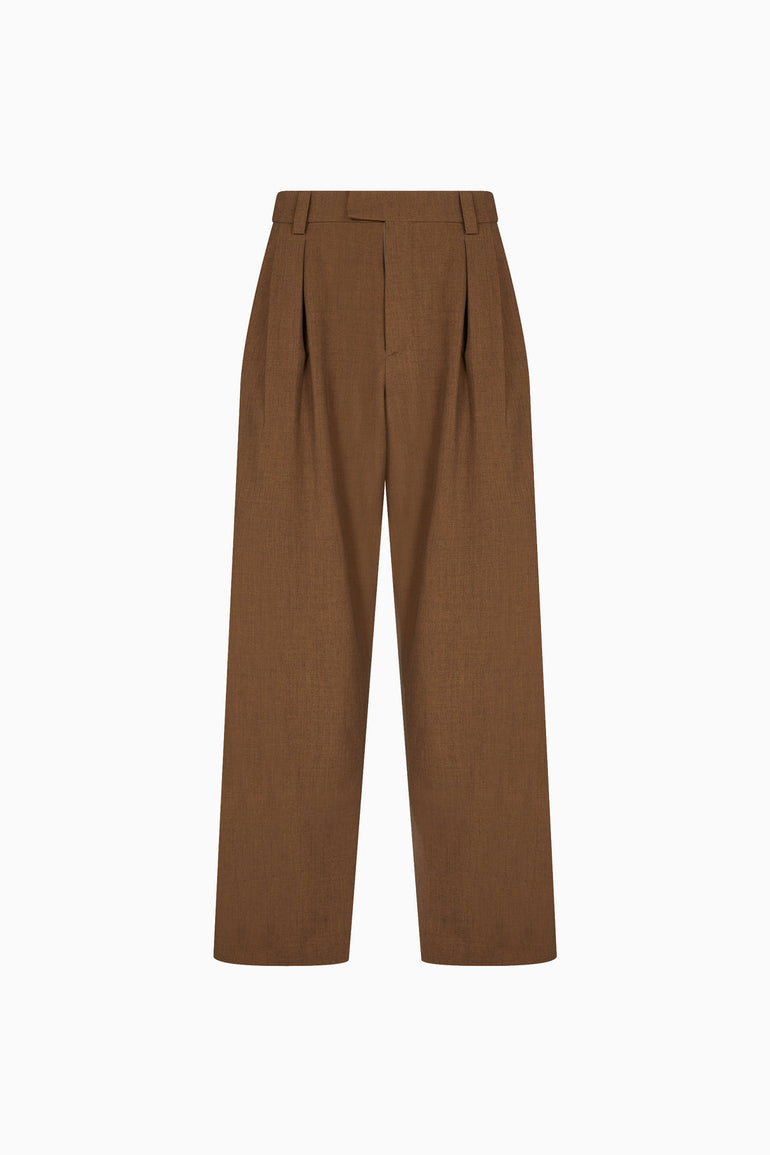 IH NOM UH NIT FW26 brown wide-leg flannel trousers with front pleats and tailored waistband, front view
