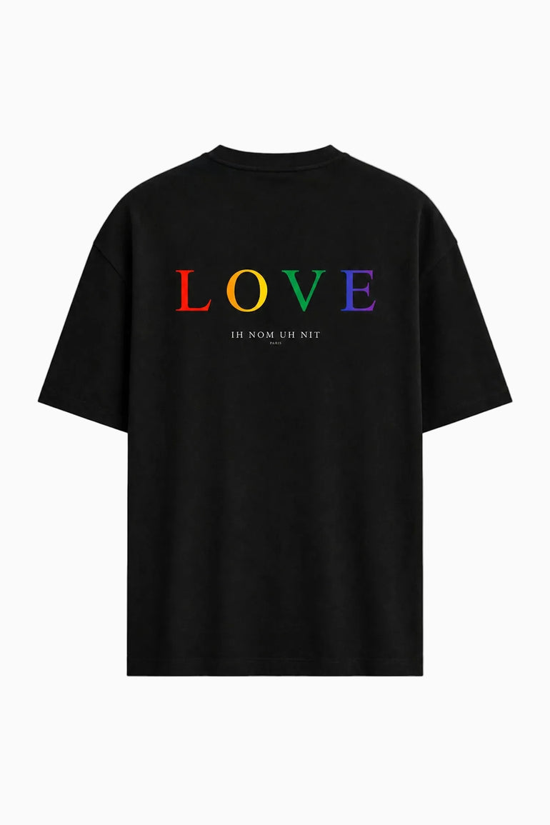 IH NOM UH NIT Mask Off – Love All black T-shirt featuring a red mask graphic on the front and multicolor LOVE artwork on the back from the online exclusive capsule collection.