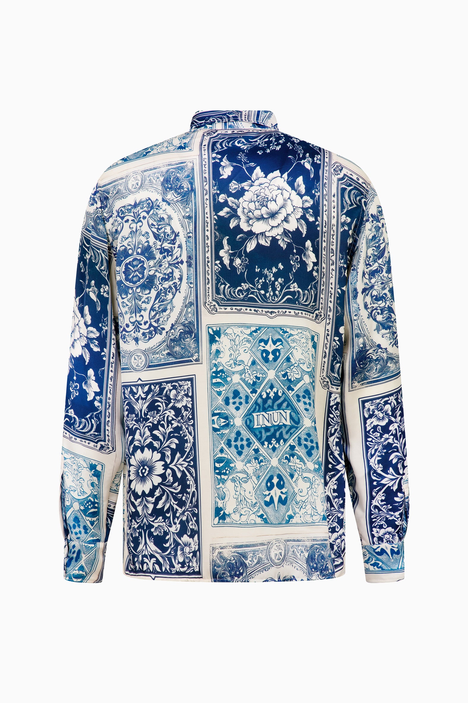 IH NOM UH NIT blue Old Cards print long sleeve shirt front and back view with mixed floral and ornamental panels