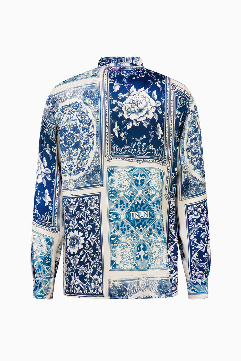 IH NOM UH NIT blue Old Cards print long sleeve shirt front and back view with mixed floral and ornamental panels