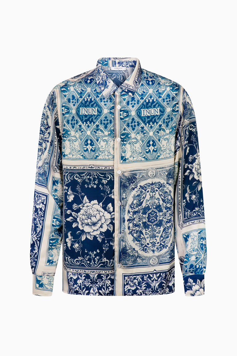 IH NOM UH NIT blue Old Cards print long sleeve shirt front view with mixed floral and ornamental panels