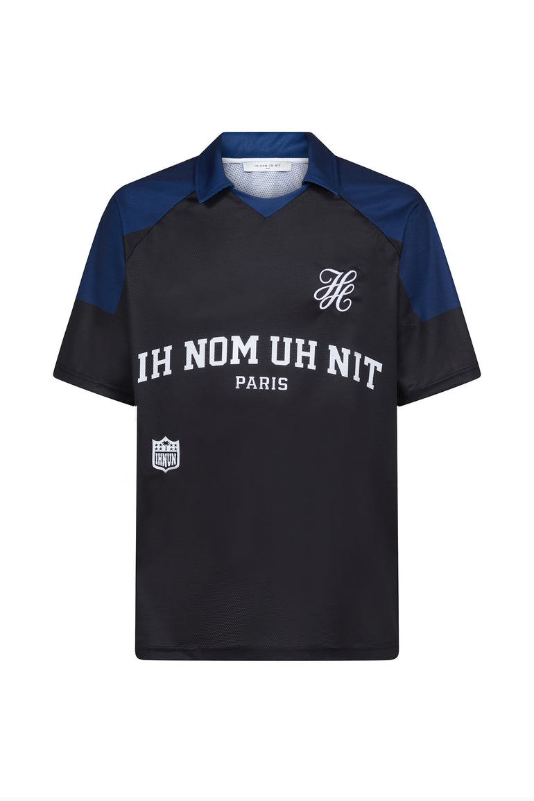IH NOM UH NIT black technical short sleeve football jersey with collegiate graphics and iconic Mask artwork on the back
