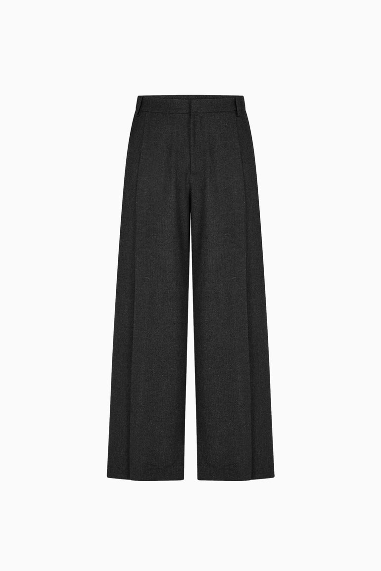 IH NOM UH NIT charcoal grey wide-leg flannel pants with high-rise waist, front view
