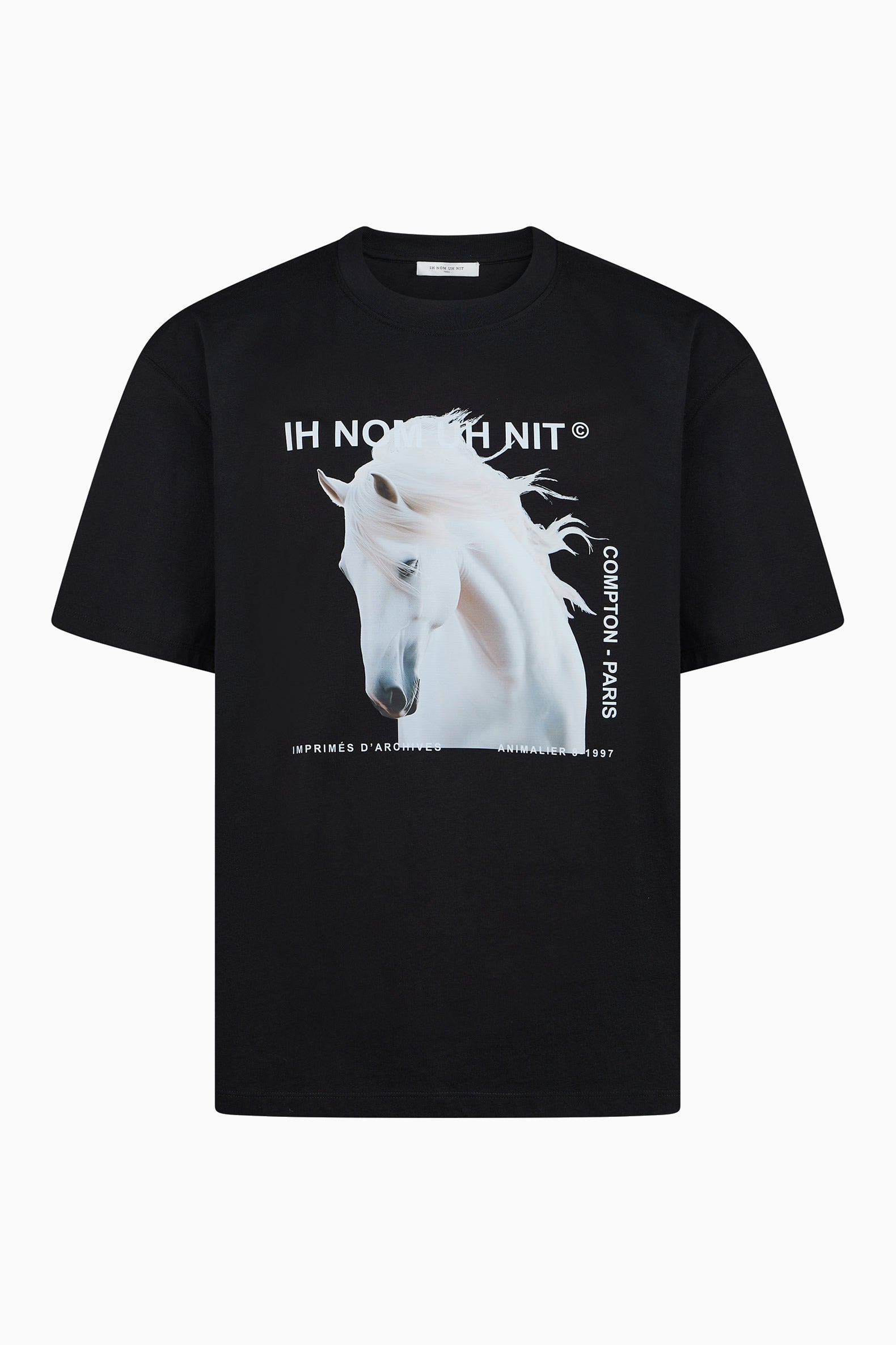 Detailed horse graphic featuring IH NOM UH NIT branding, showcasing premium equestrian design elements.